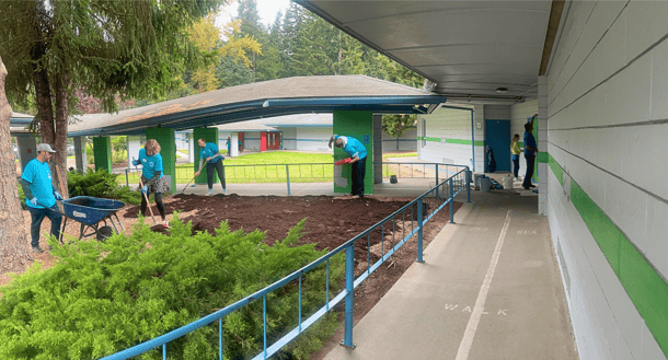 Volunteers in blue shirts landscaping and cleaning an outdoor area near a building with a walkway and green and white walls.