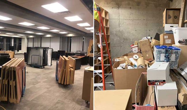 Cluttered storage room with various items and furniture.