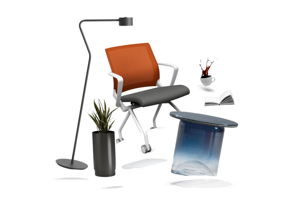A stylized arrangement featuring an orange office chair, a modern floor lamp, a plant, a glass table, and a cup of coffee with an open book.