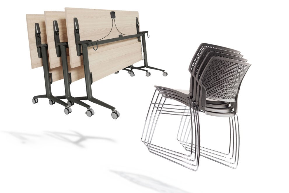 Foldable tables on wheels and a stack of lightweight mesh chairs for flexible seating arrangements.