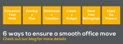 A banner showing "6 ways to ensure a smooth office move" with six orange steps listed above the main text.
