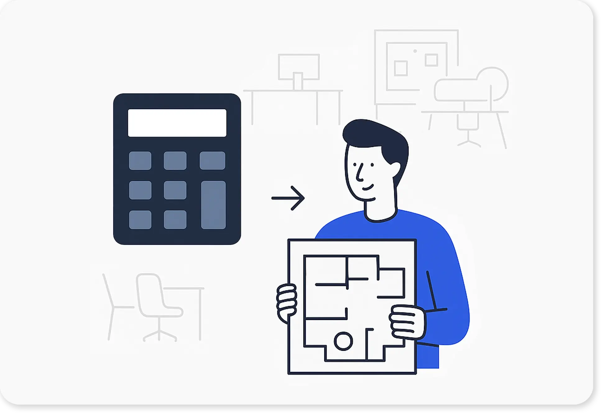 A calculator transitioning to person holding office floor plans.