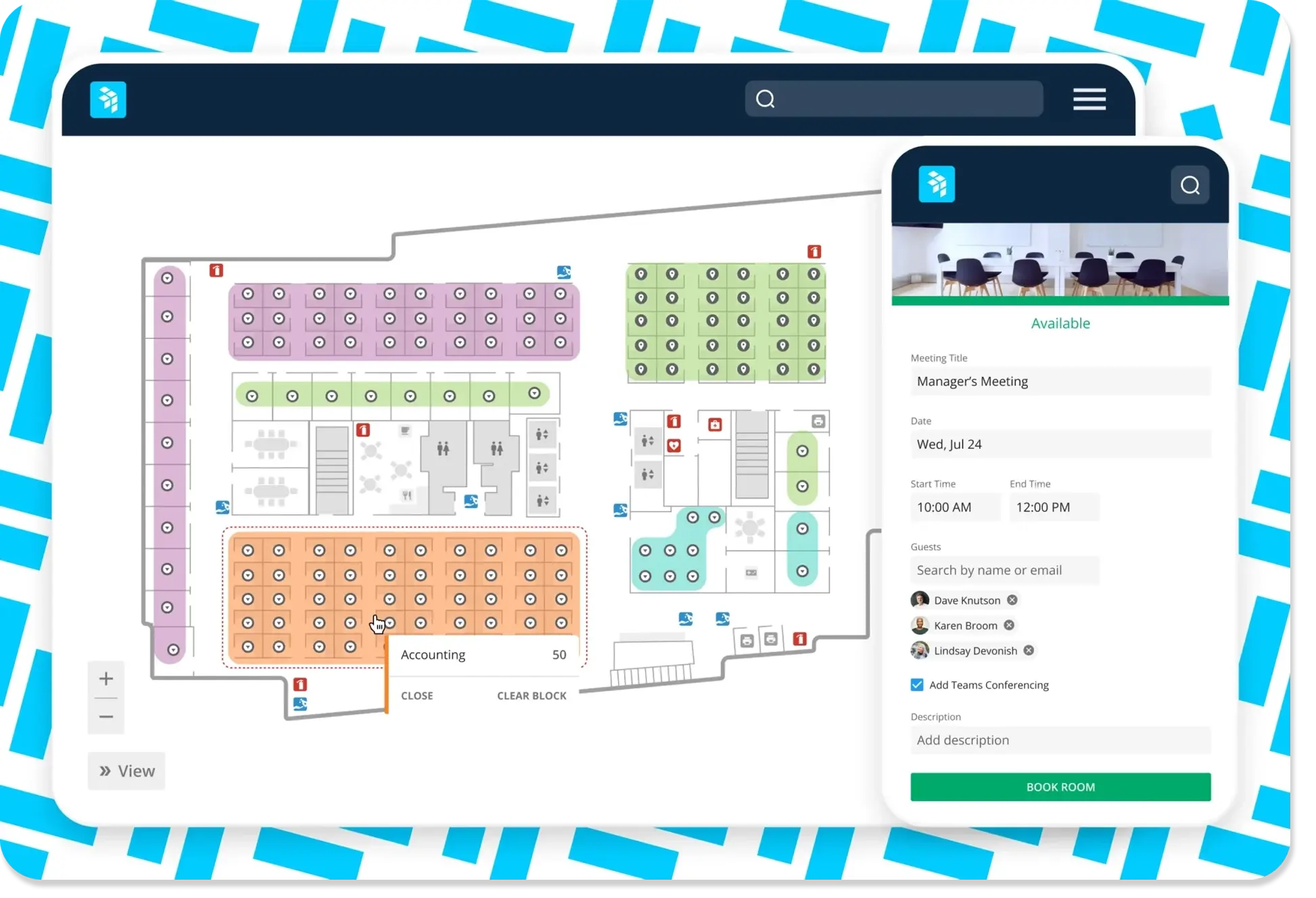 Office floor plan interface with colored seating sections and mobile desk booking app, courtesy of Office Space. Office floor plan interface with colored seating sections and mobile desk booking app, courtesy of Office Space.