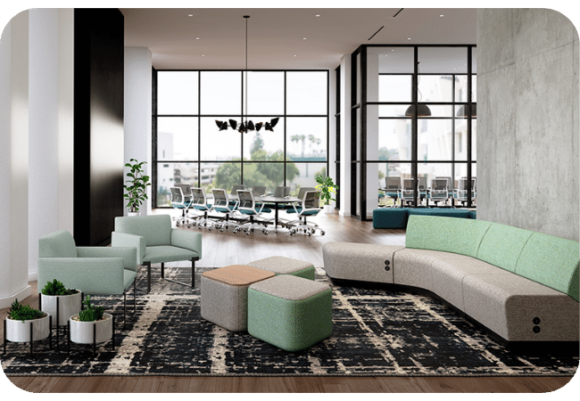 A modern office lounge with mint green and grey seating, large windows, and black marble rug.